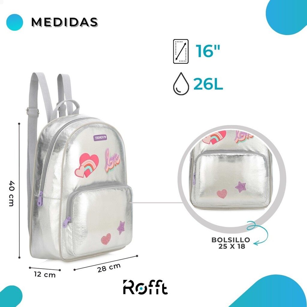 MOCHILA ESCOLAR TRENDY LOVE METALIZADA PLATEADO COD 15648 - Imagen 2