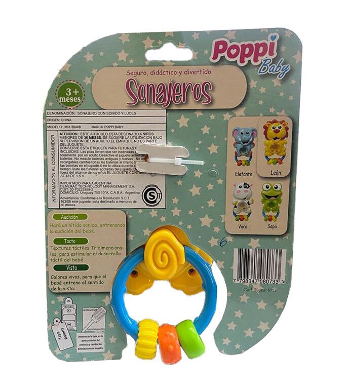SONAJERO DE ANIMALITOS CON LUZ Y SONIDO POPPI COD 6751 LEON - Imagen 3