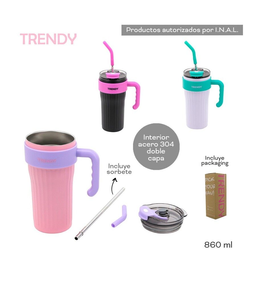 VASO TERMICO TRENDY CON MANIJA Y SORBETE COD 18440 NEGRO - Imagen 5